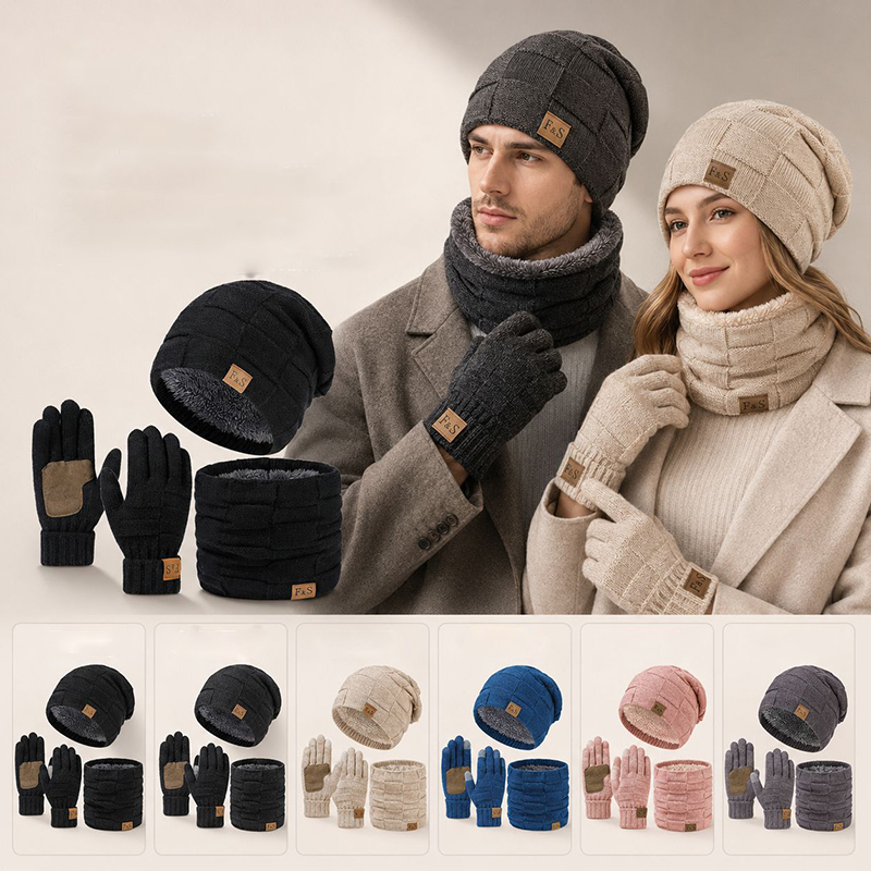 Wool Glove Lined - 冬用暖かい厚手帽子・マフラー・手袋セット メンズ＆レディース 暖かいウール裏地付き ルーズなつばなしマフラー・手袋 3-in-1 暖かいセット