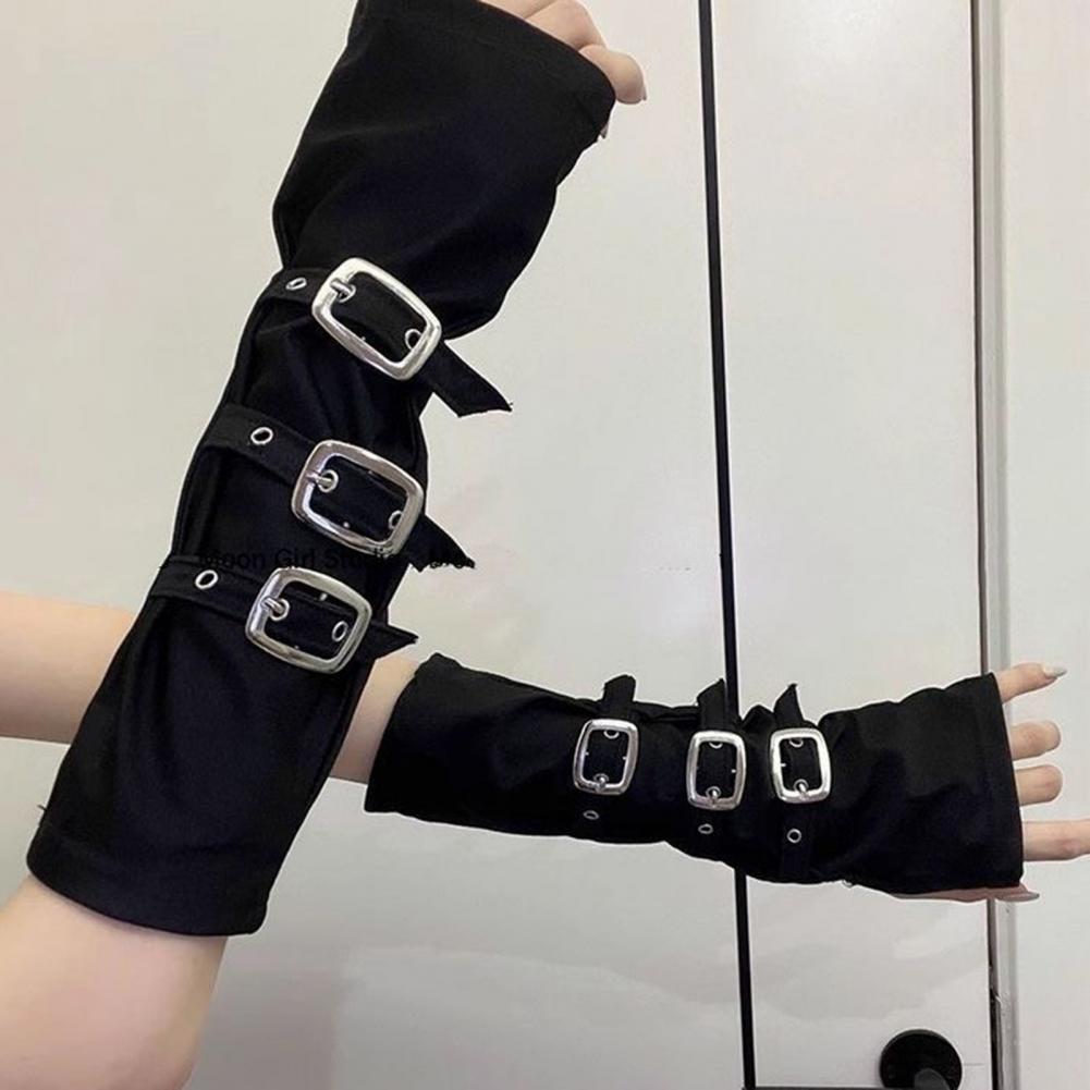Fingerless Glove Knit - ゴスアームウォーマー フィンガーレスグローブ 女性用 パンクメタルバックル アームウォーマー ゴシック