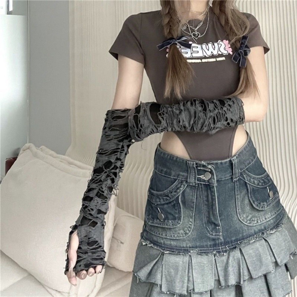 Fingerless Glove Knit - ロングパンクグローブ ダメージ加工スタイル ダークスタイル 指なしアームウォーマー ニット素材 軽量
