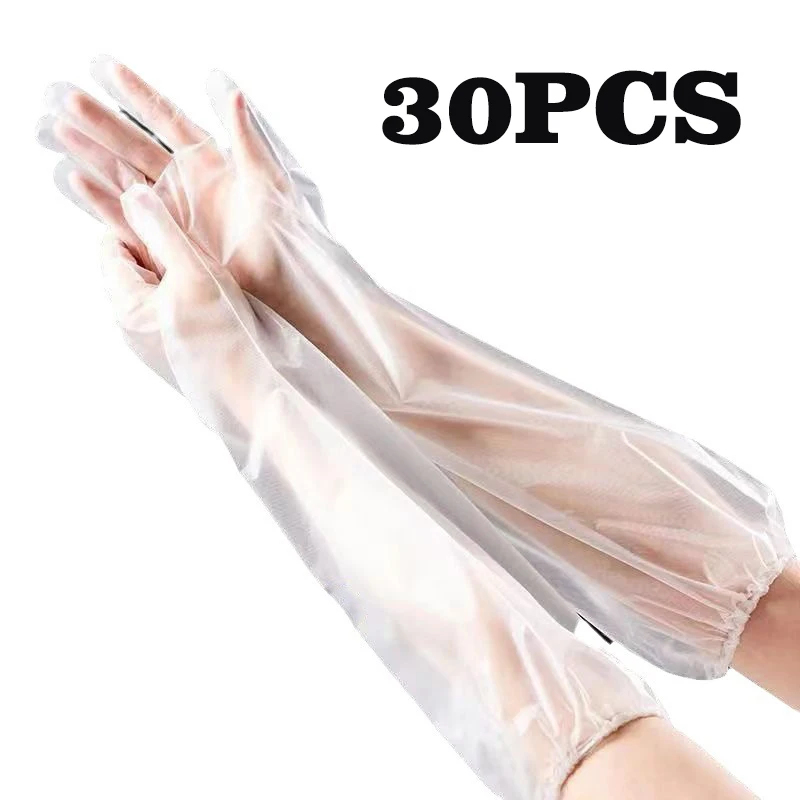 Rubber Glove Cleaning - 30 個使い捨てアームガード手袋キッチン家庭用クリーニング防水弾性巾着延長 CPE ロングアーム手袋