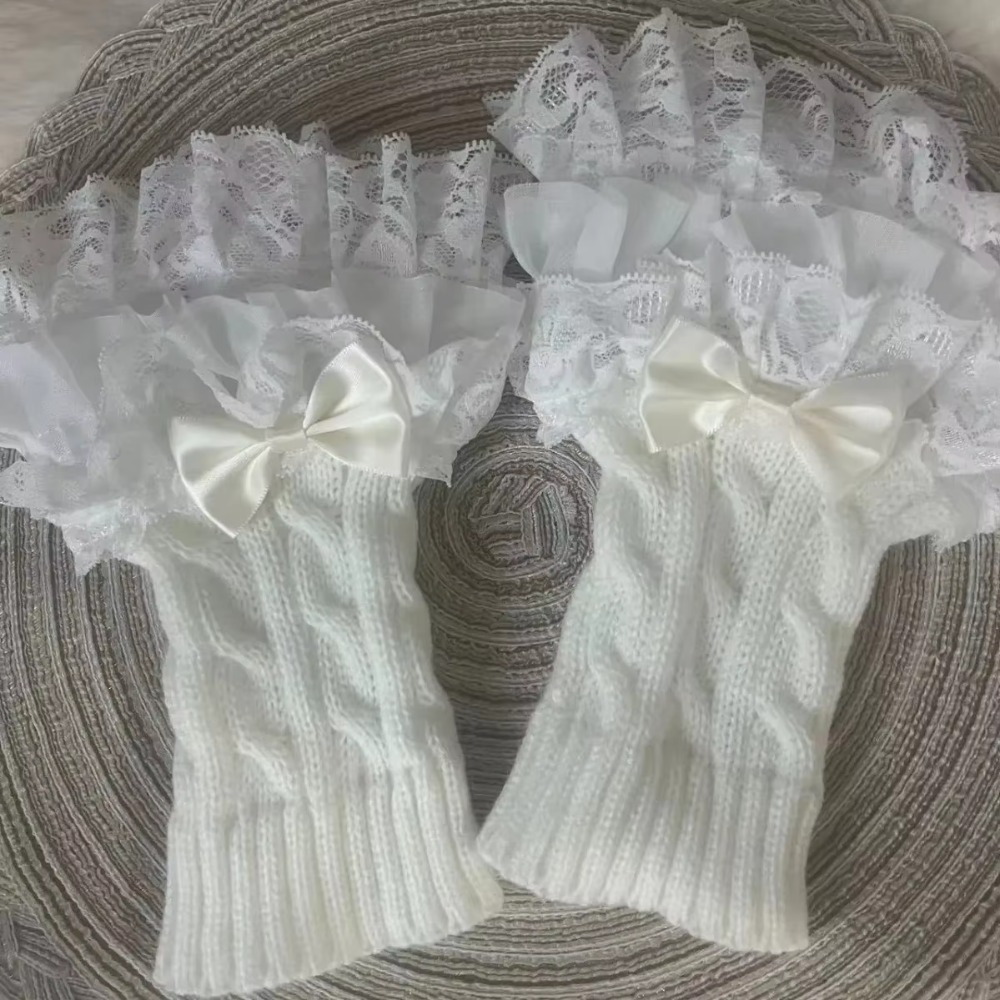 Fingerless Glove Knit - 1組のレースフリルハンドスリーブミトン、取り外し可能なフィンガーレススタイル、ニットカフ、伸縮性のあるニットアームウォーマーグローブ、冬用ウェア