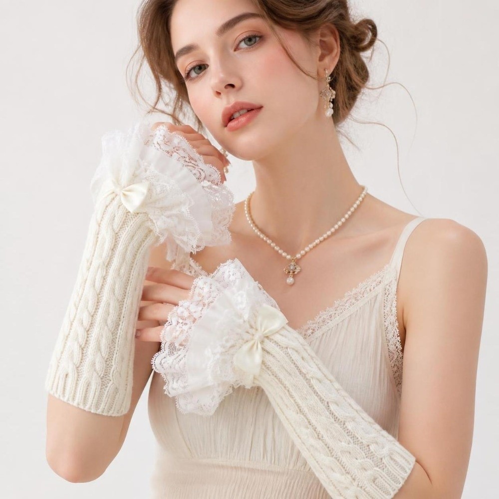 1組のレースフリルハンドスリーブミトン、取り外し可能なフィン - Fingerless Glove Knit のレビューと価格