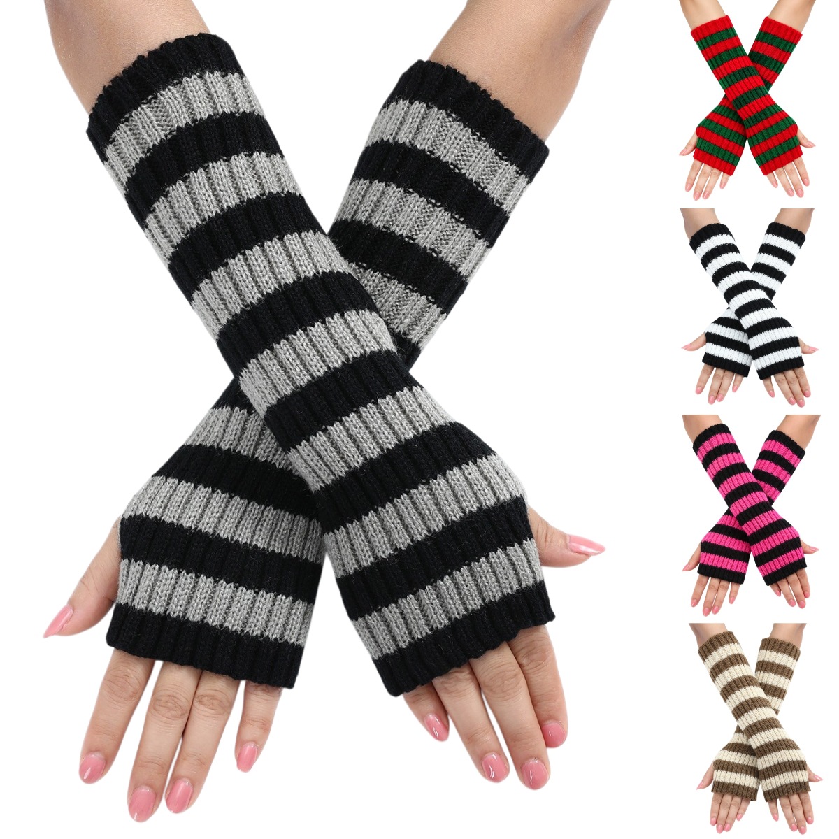 Y2Kストライプ柄フィンガーレスアームウォーマー、女性用デイ - Fingerless Glove Knit のレビューと価格